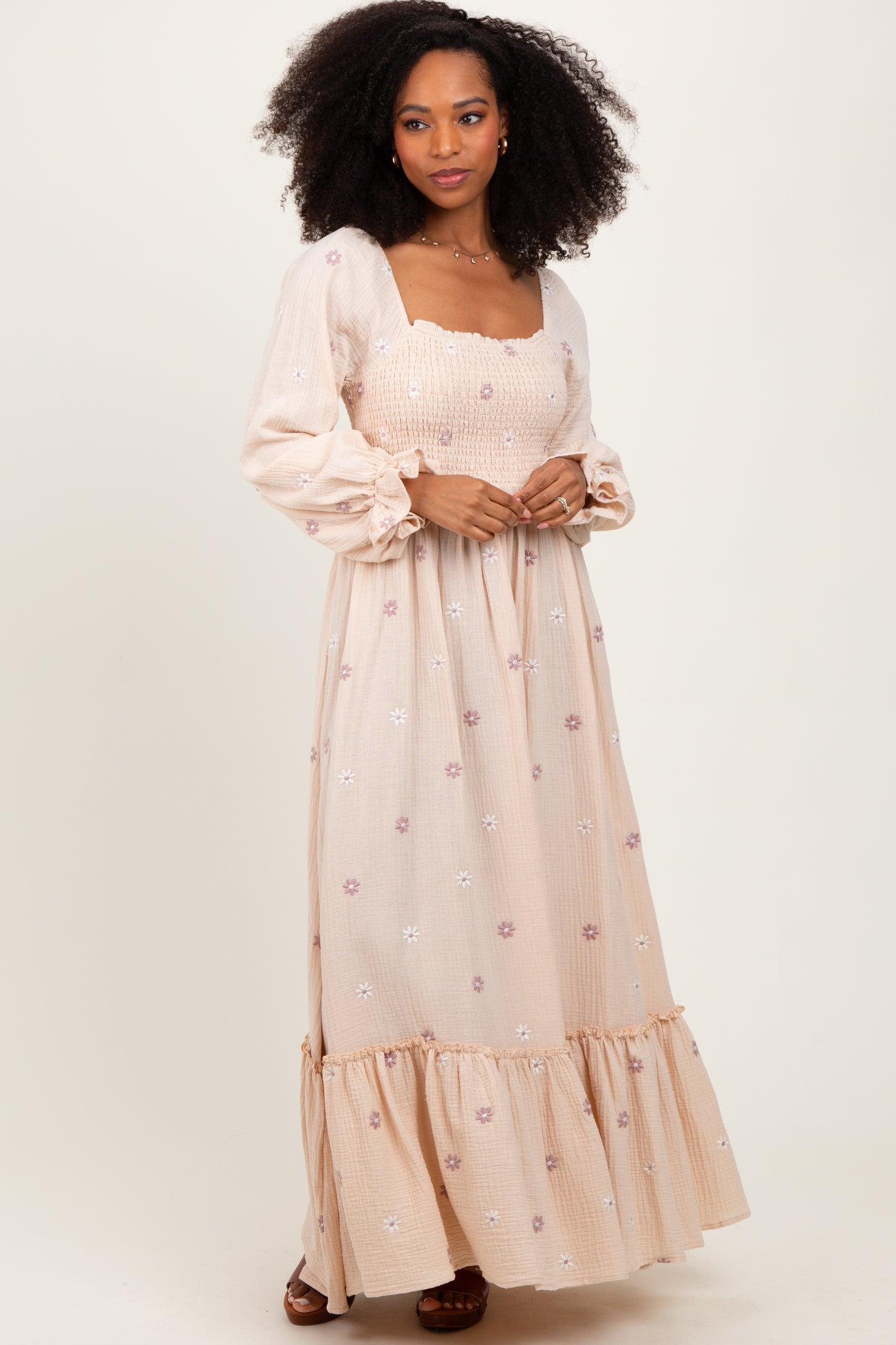 Cream Long Sleeve Floral Accent Dress Cream Long Sleeve Floral Accent Dress
