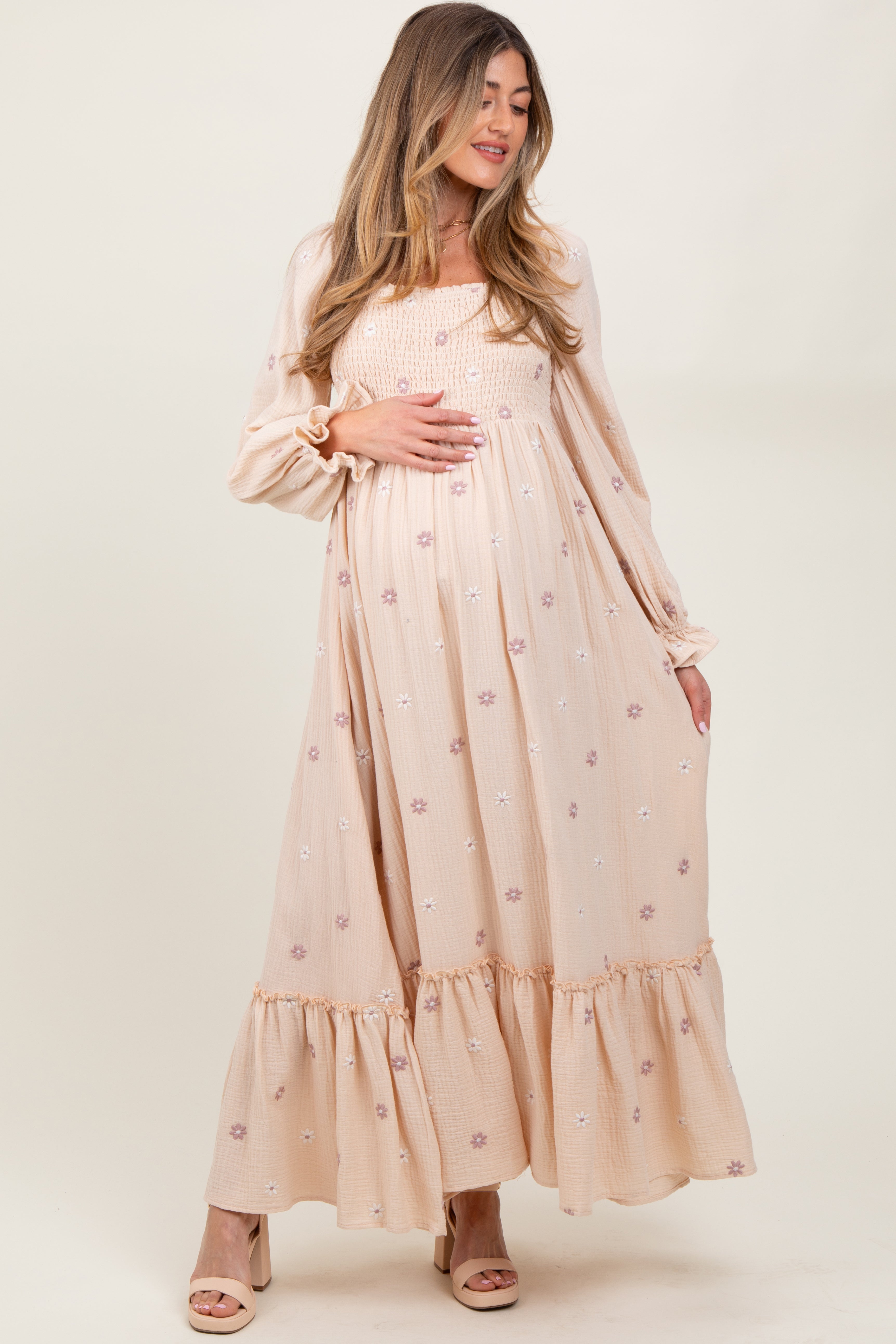 chinese dress ladies Cream Floral Smocked Long Sleeve Maxi Dress – PinkBlush main image 1