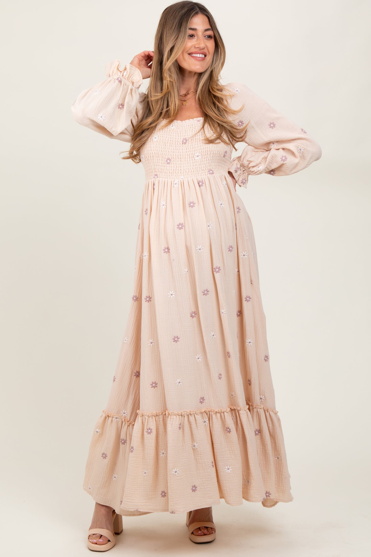 Cream Long Sleeve Floral Accent Maternity Dress Cream Long Sleeve Floral Accent Maternity Dress