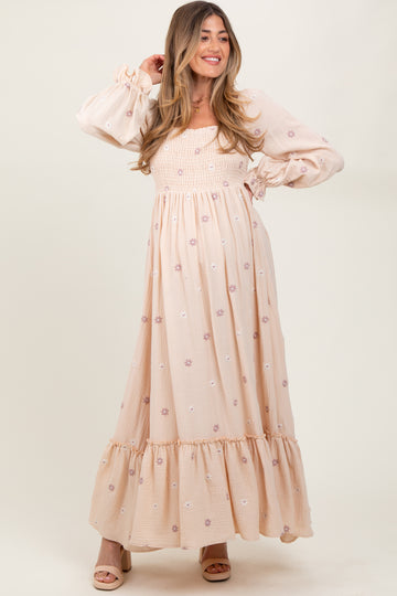 Cream Long Sleeve Floral Accent Maternity Dress