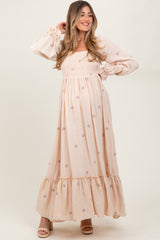Cream Long Sleeve Floral Accent Maternity Dress