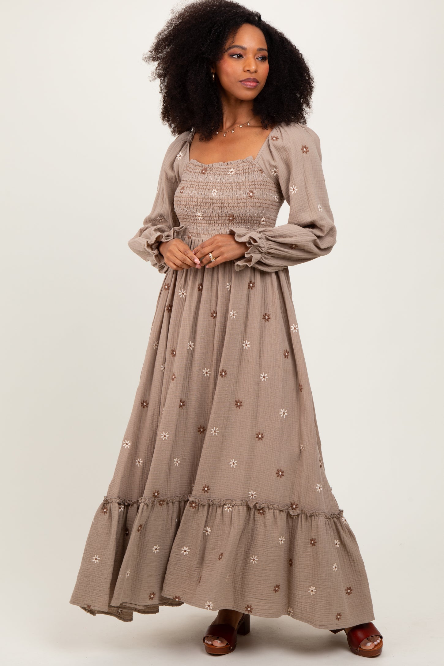 Grey Taupe Long Sleeve Floral Accent Dress Grey Taupe Long Sleeve Floral Accent Dress