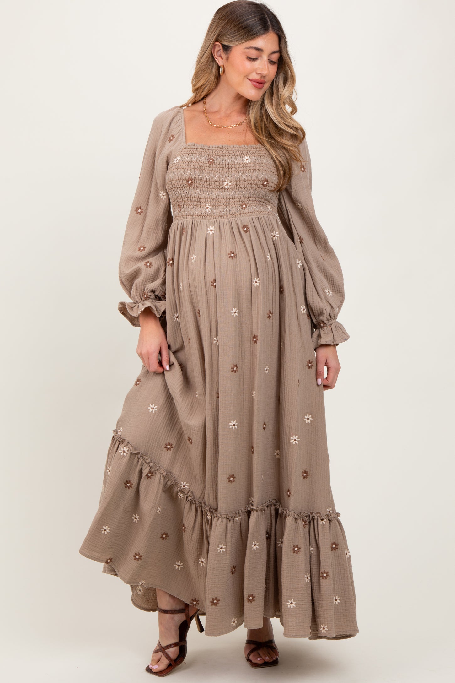Grey Taupe Long Sleeve Floral Accent Maternity Dress
