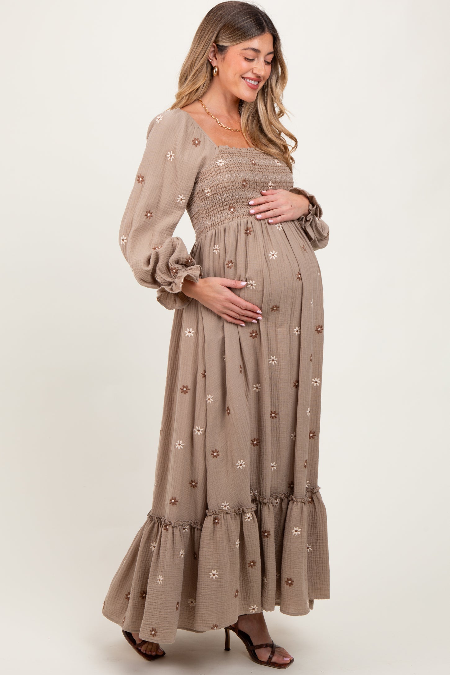 Grey Taupe Long Sleeve Floral Accent Maternity Dress