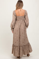 Grey Taupe Long Sleeve Floral Accent Maternity Dress