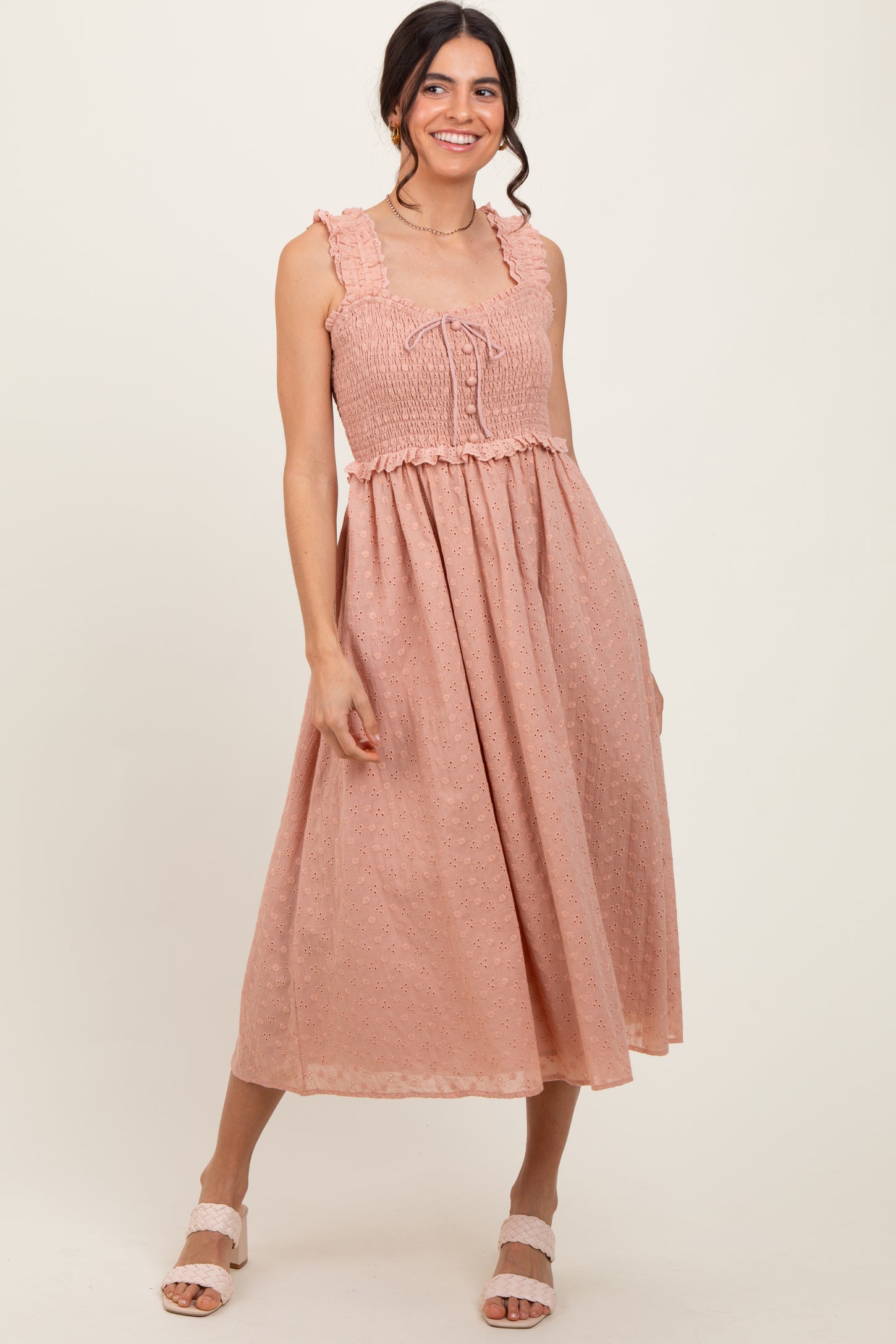 Peach Eyelet Sleeveless Midi Dress
