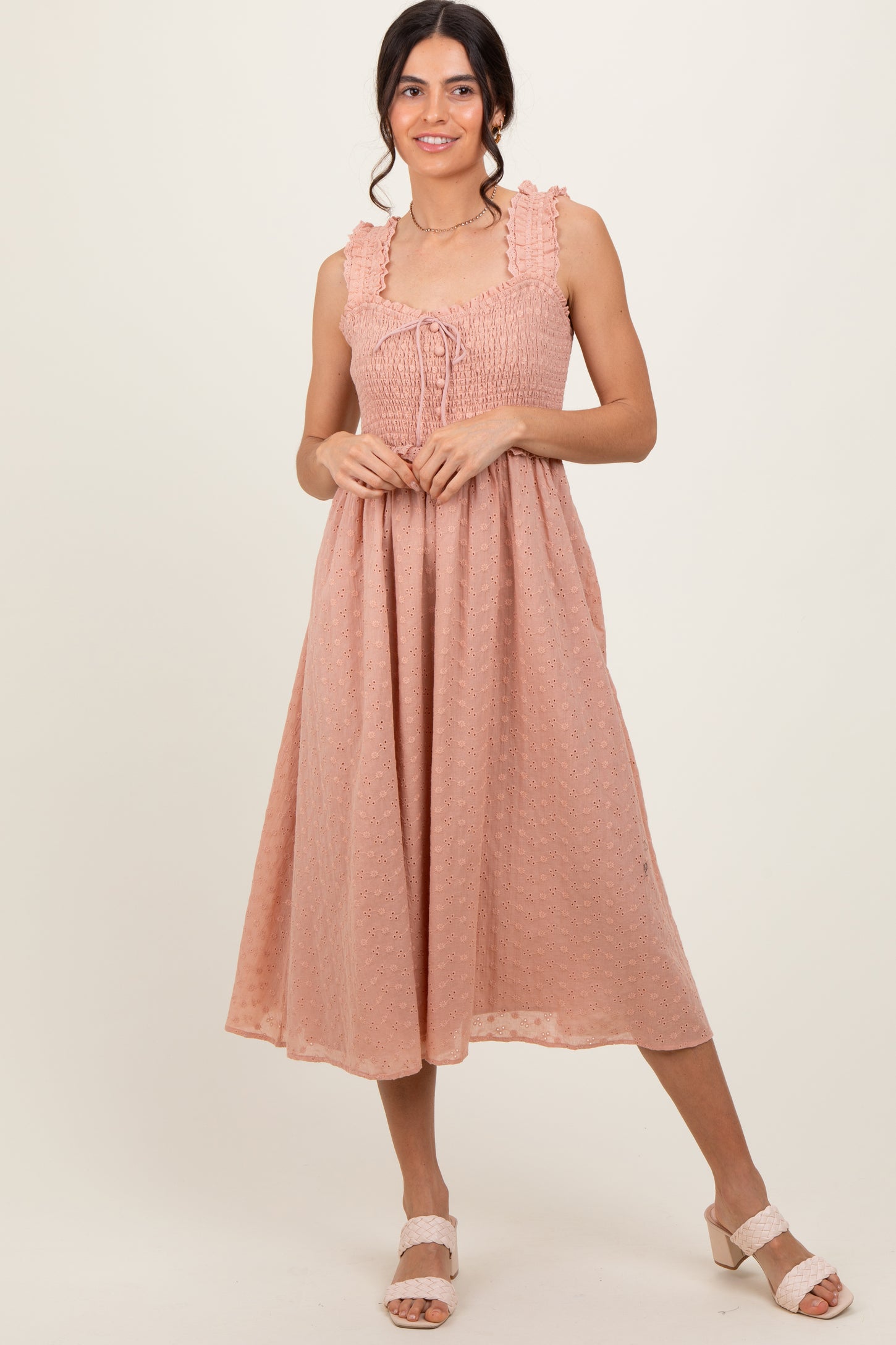 Peach Eyelet Sleeveless Midi Dress