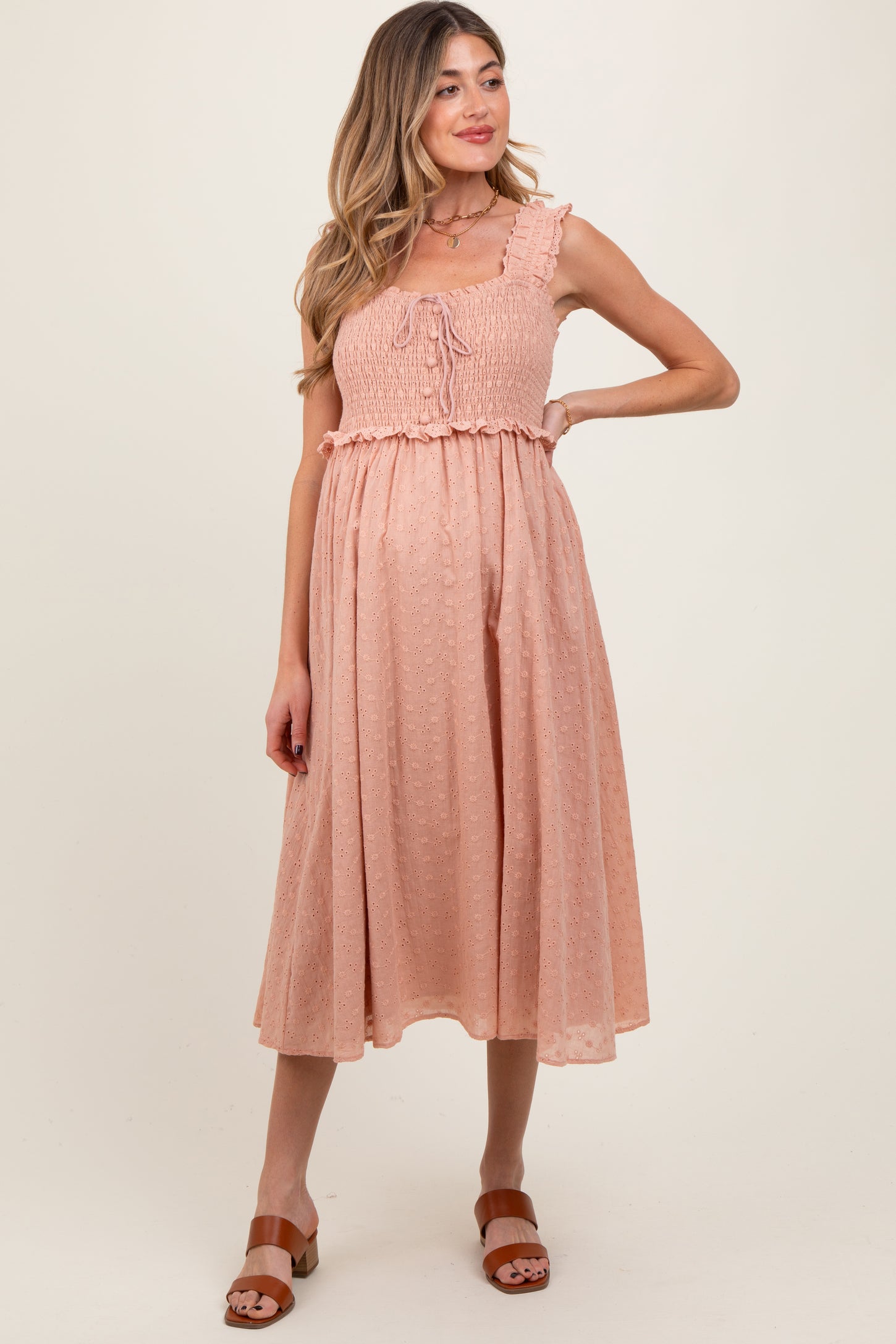 Peach Eyelet Sleeveless Maternity Midi Dress
