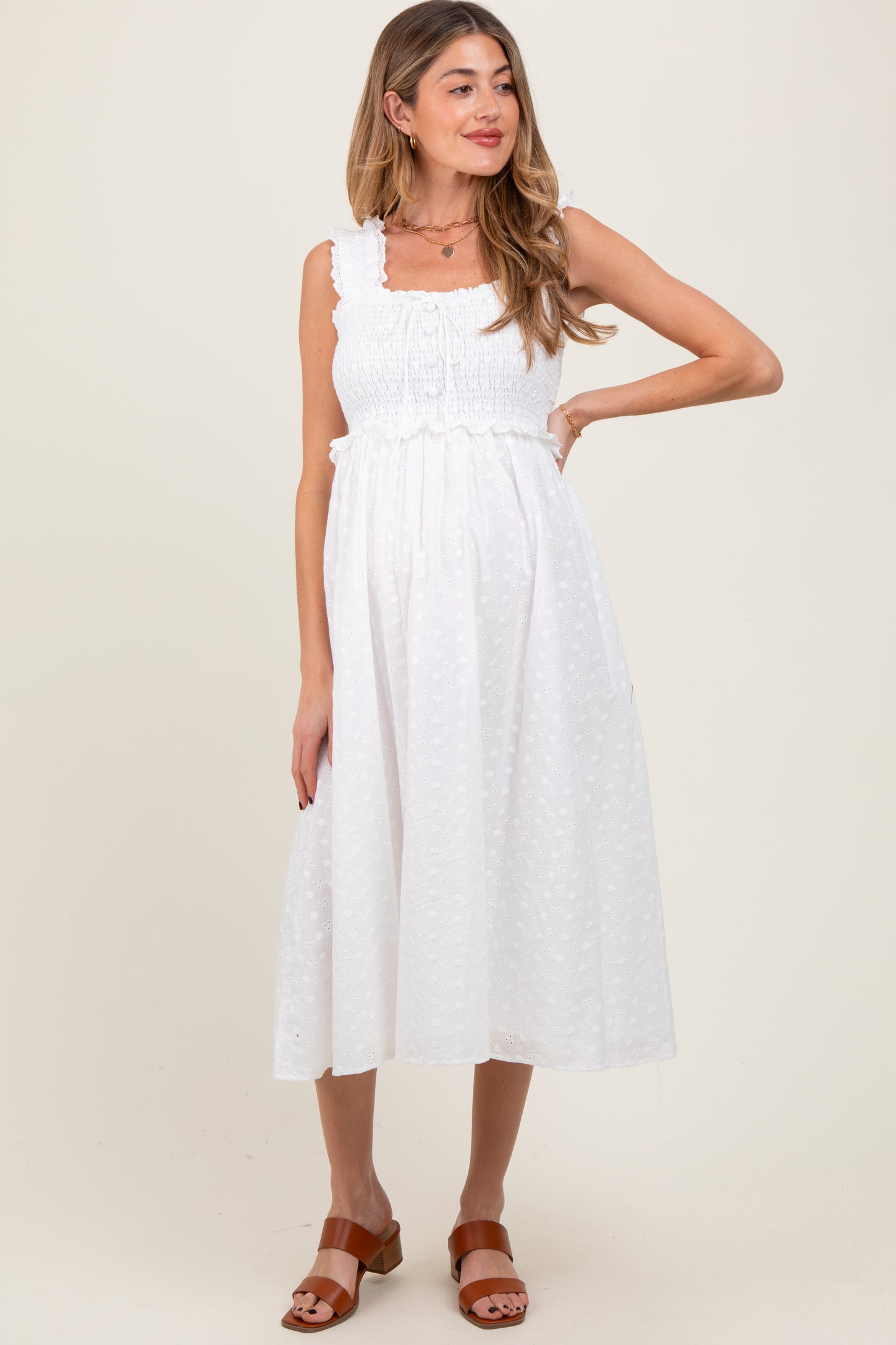White Eyelet Sleeveless Maternity Midi Dress