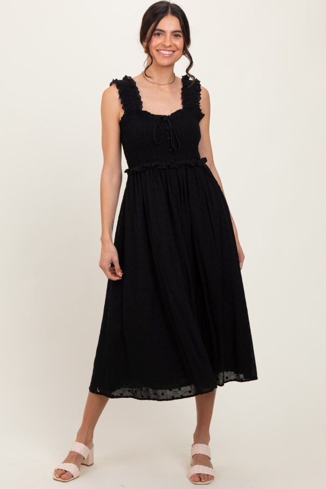 Black Eyelet Sleeveless Maternity Midi Dress