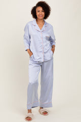 Light Blue Satin Contrast Trim Pajama Pant Set