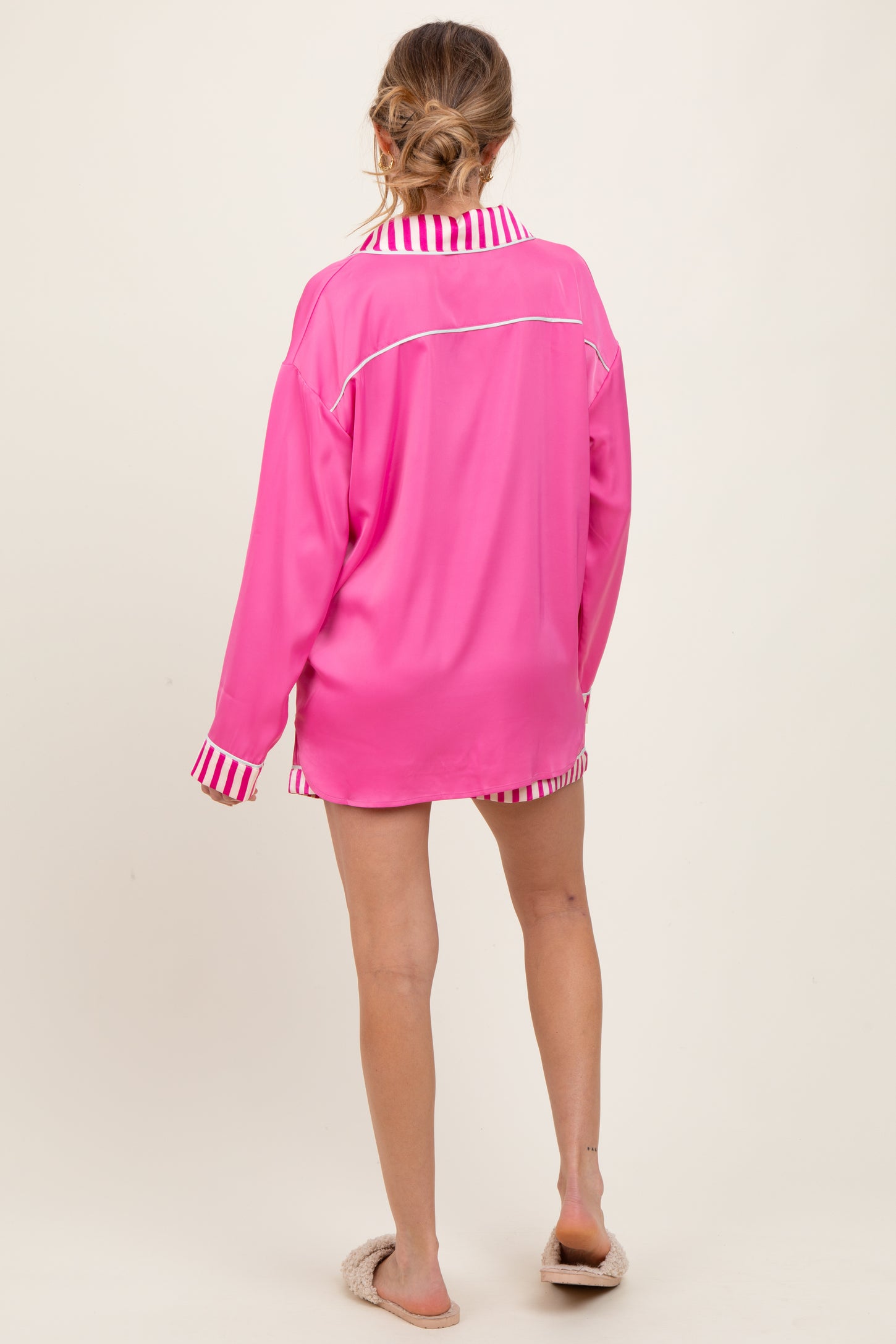 Fuchsia Satin Contrast Stripe Pajama Short Maternity Set