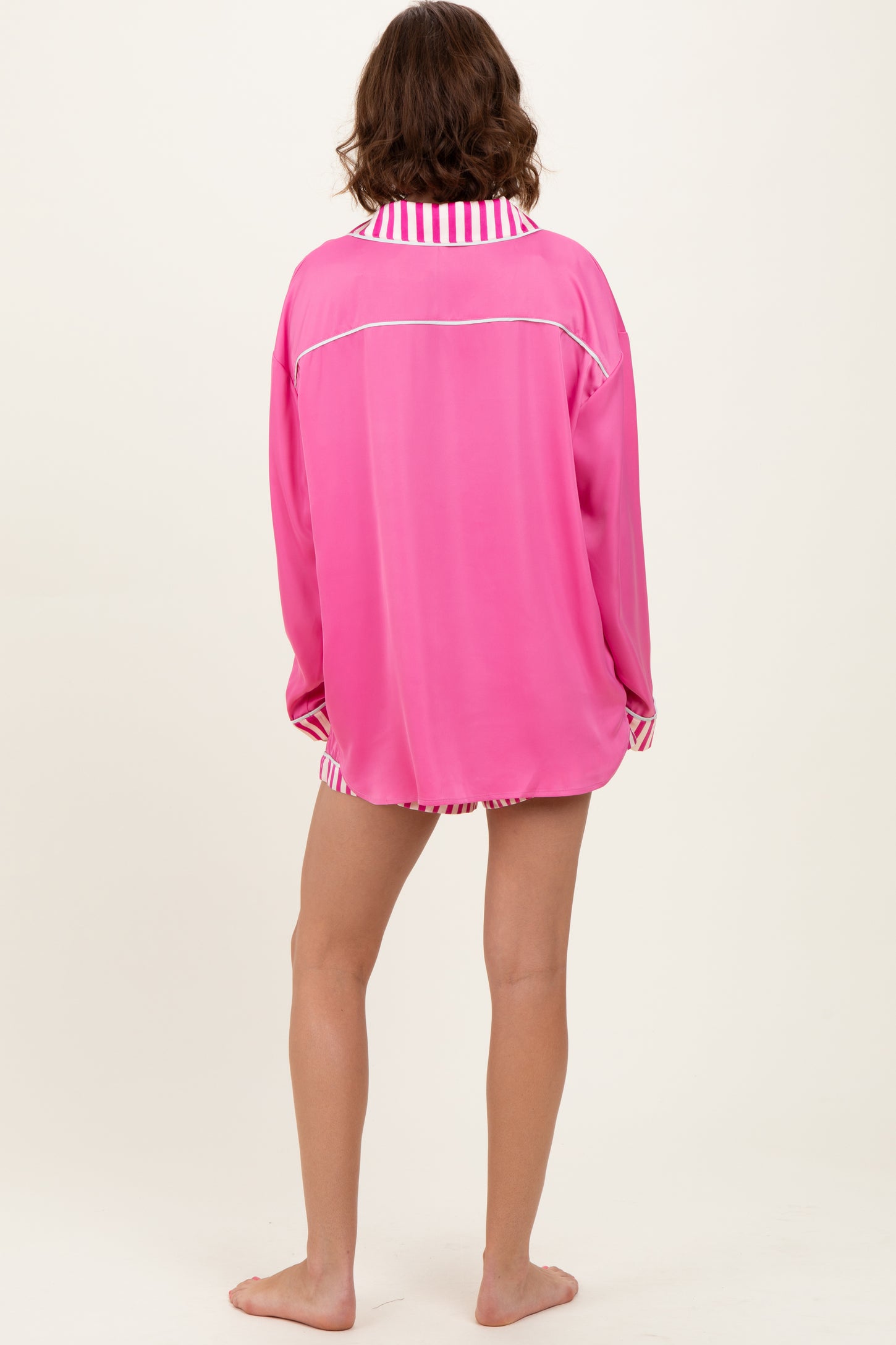 Fuchsia Satin Contrast Stripe Pajama Short Set
