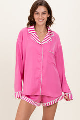 Fuchsia Satin Contrast Stripe Pajama Short Set