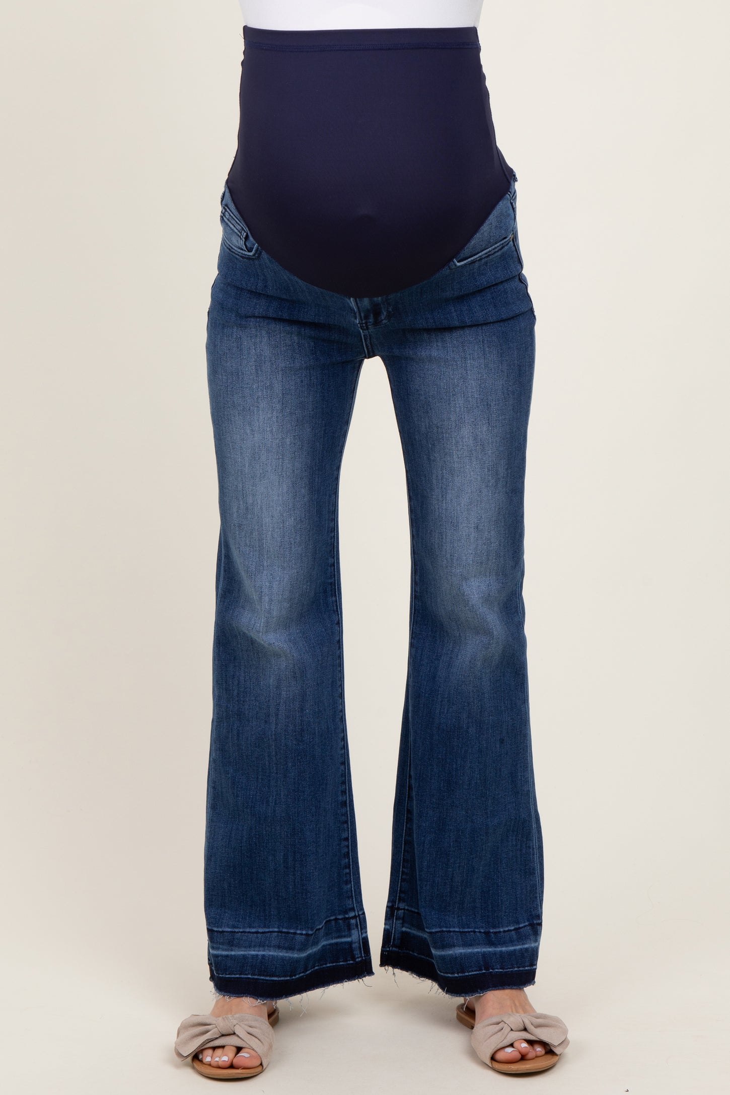 Navy Blue Distressed Release Hem Flare Maternity Jeans