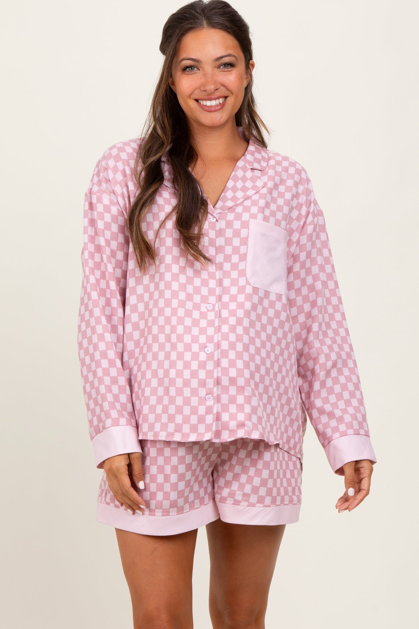 Mauve Checkered Print Pajama Shorts Maternity Set