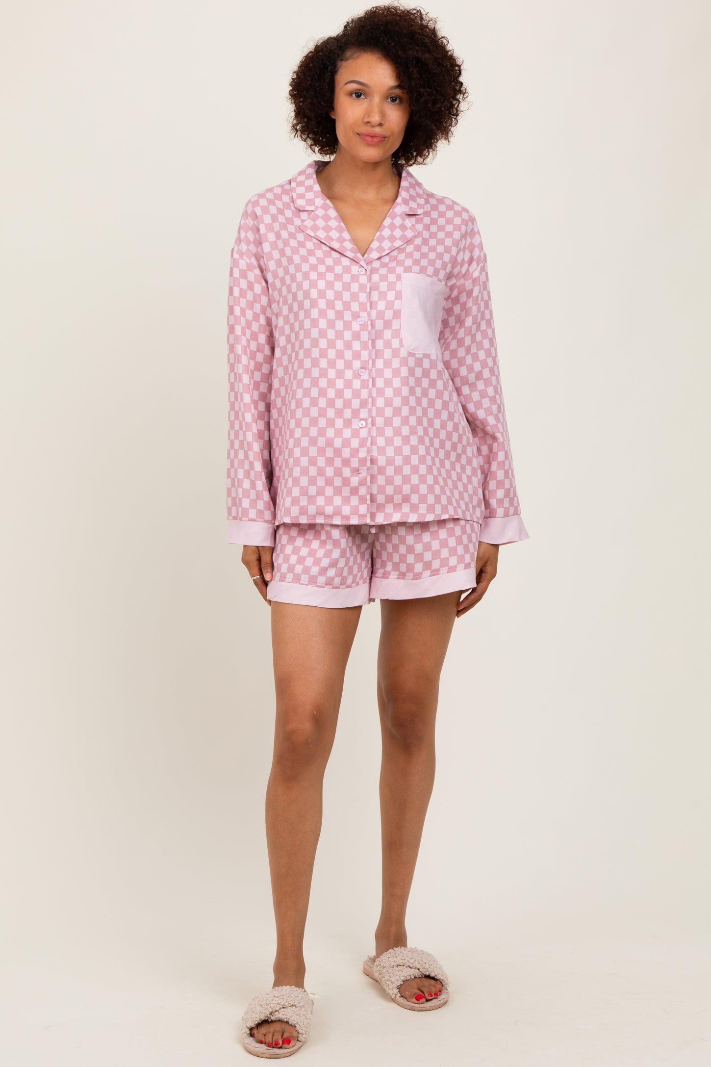 Mauve Checkered Print Pajama Shorts Set