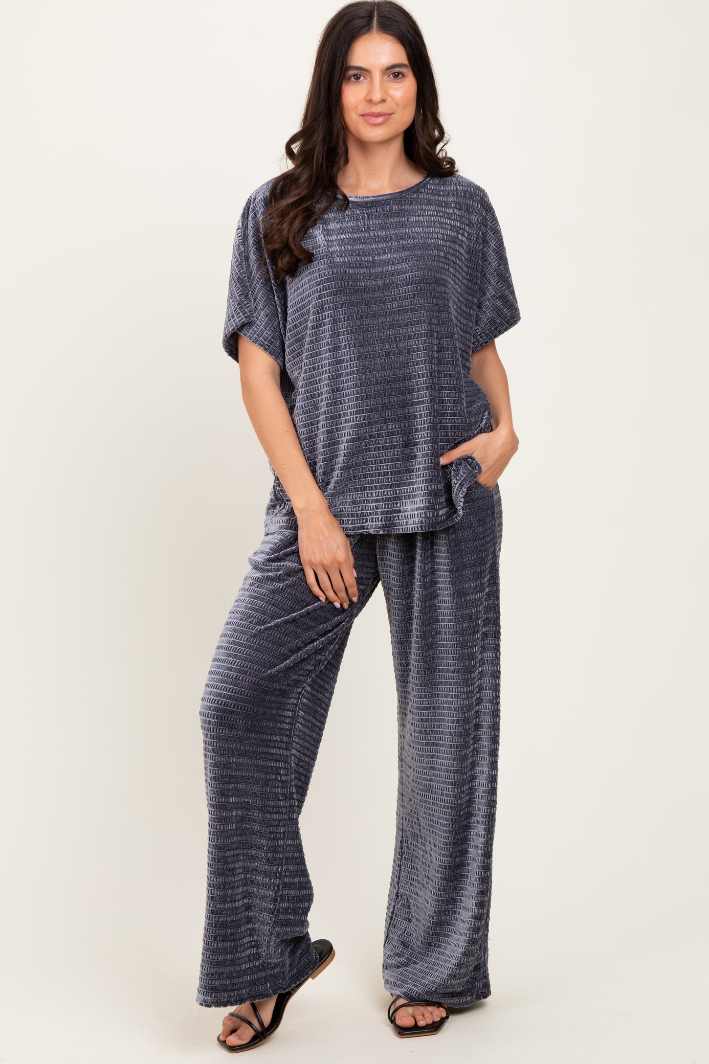 Gray Blue Textured Velvet Lounge Pant Maternity Set