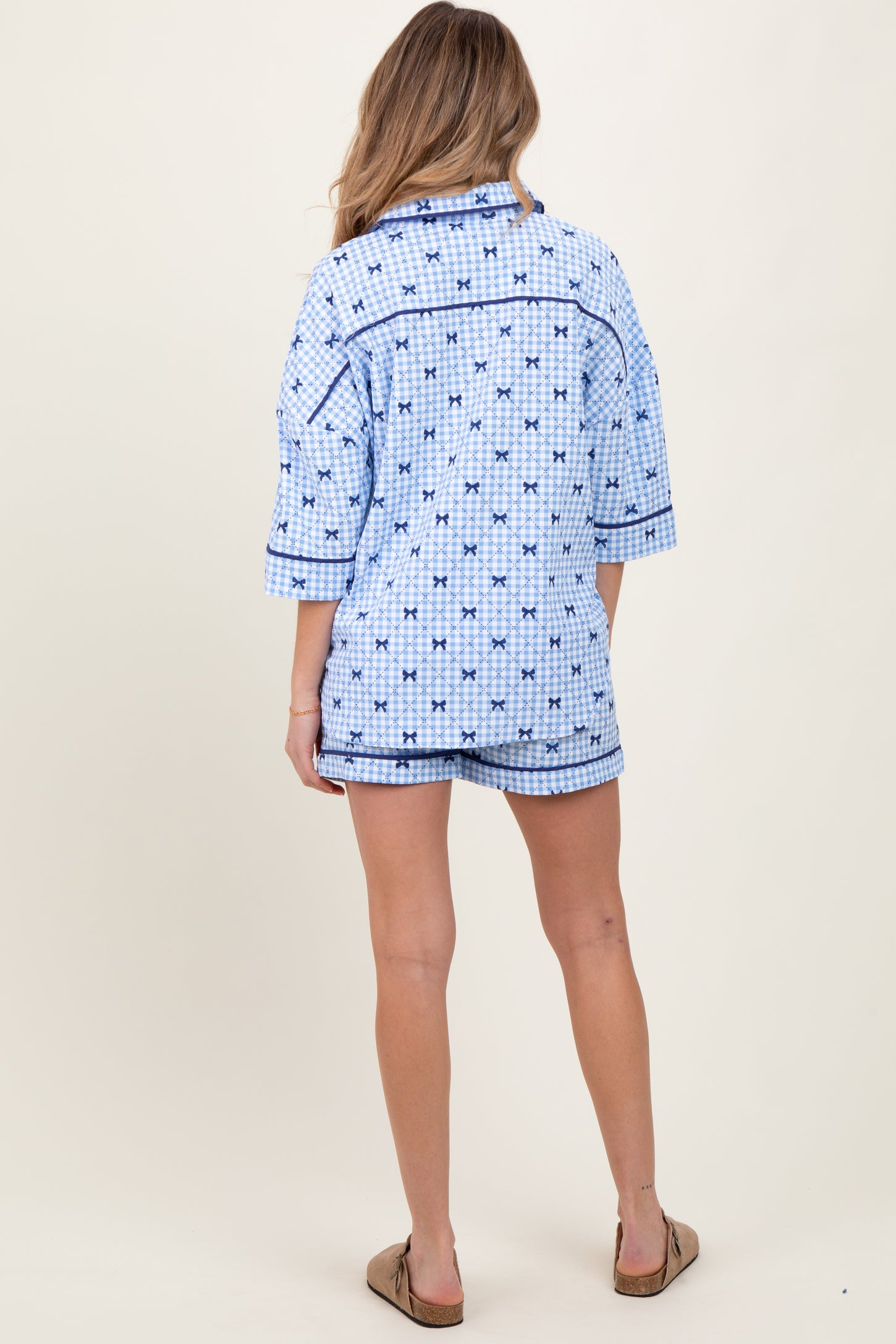 Light Blue Bow Print Gingham Pajama Short Maternity Set