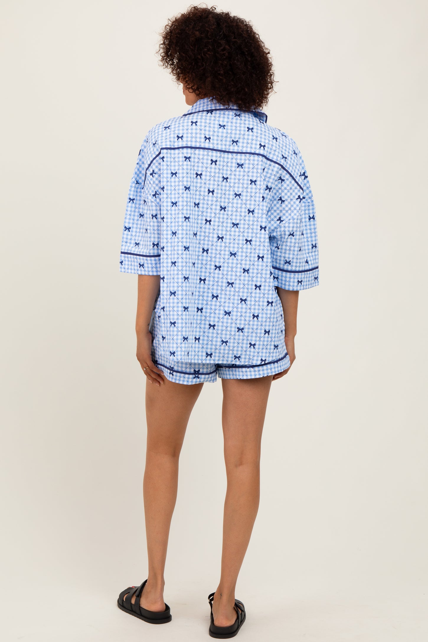 Light Blue Bow Print Gingham Pajama Short Set