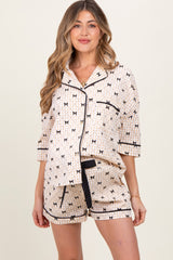 Cream Bow Print Gingham Pajama Short Maternity Set