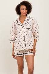 Cream Bow Print Gingham Pajama Short Set