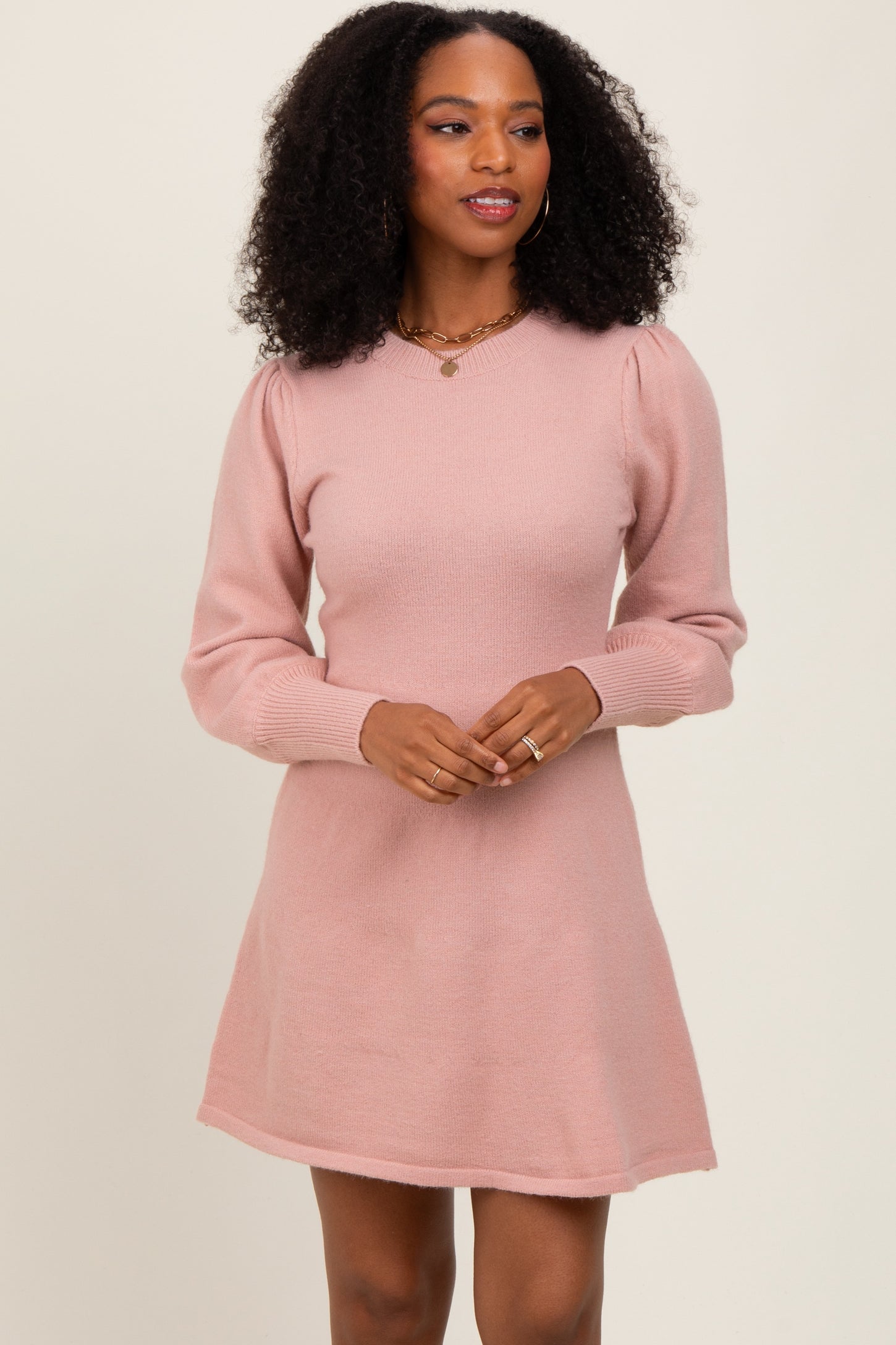 Pink Knit Bubble Sleeve Mini Dress