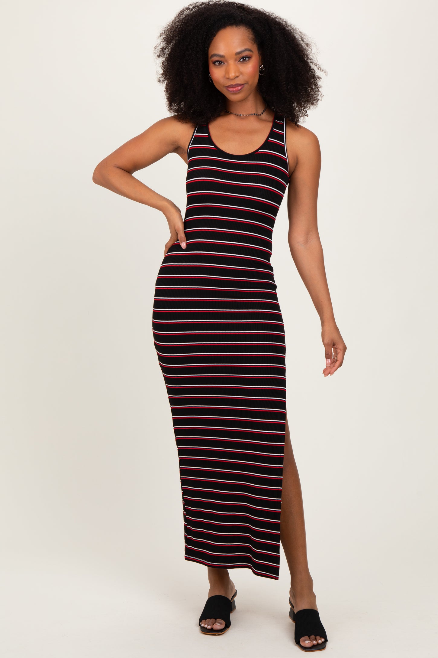 Black Red Striped Side Slit Maxi Dress Black Red Striped Side Slit Maxi Dress