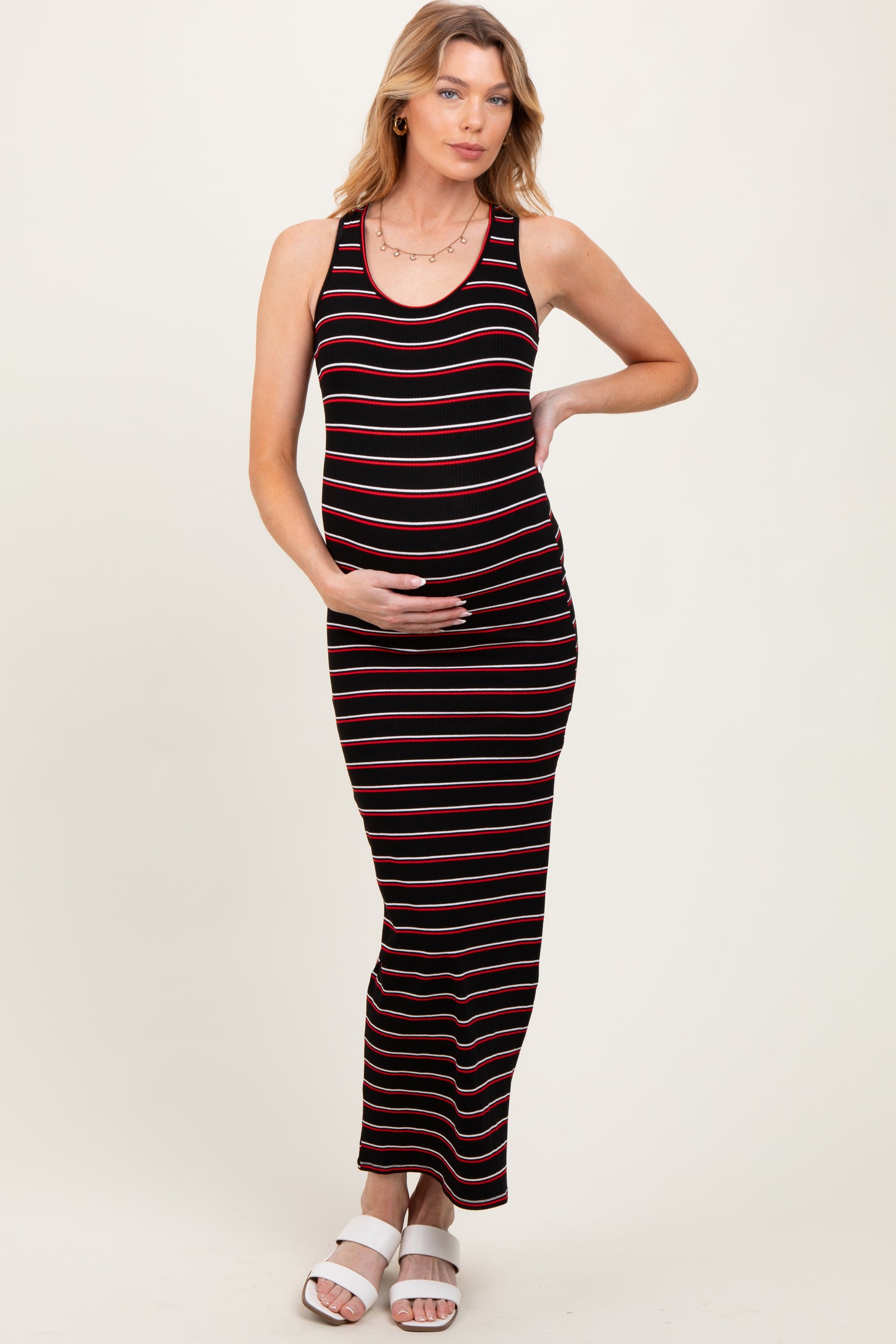 Black Red Striped Side Slit Maternity Maxi Dress