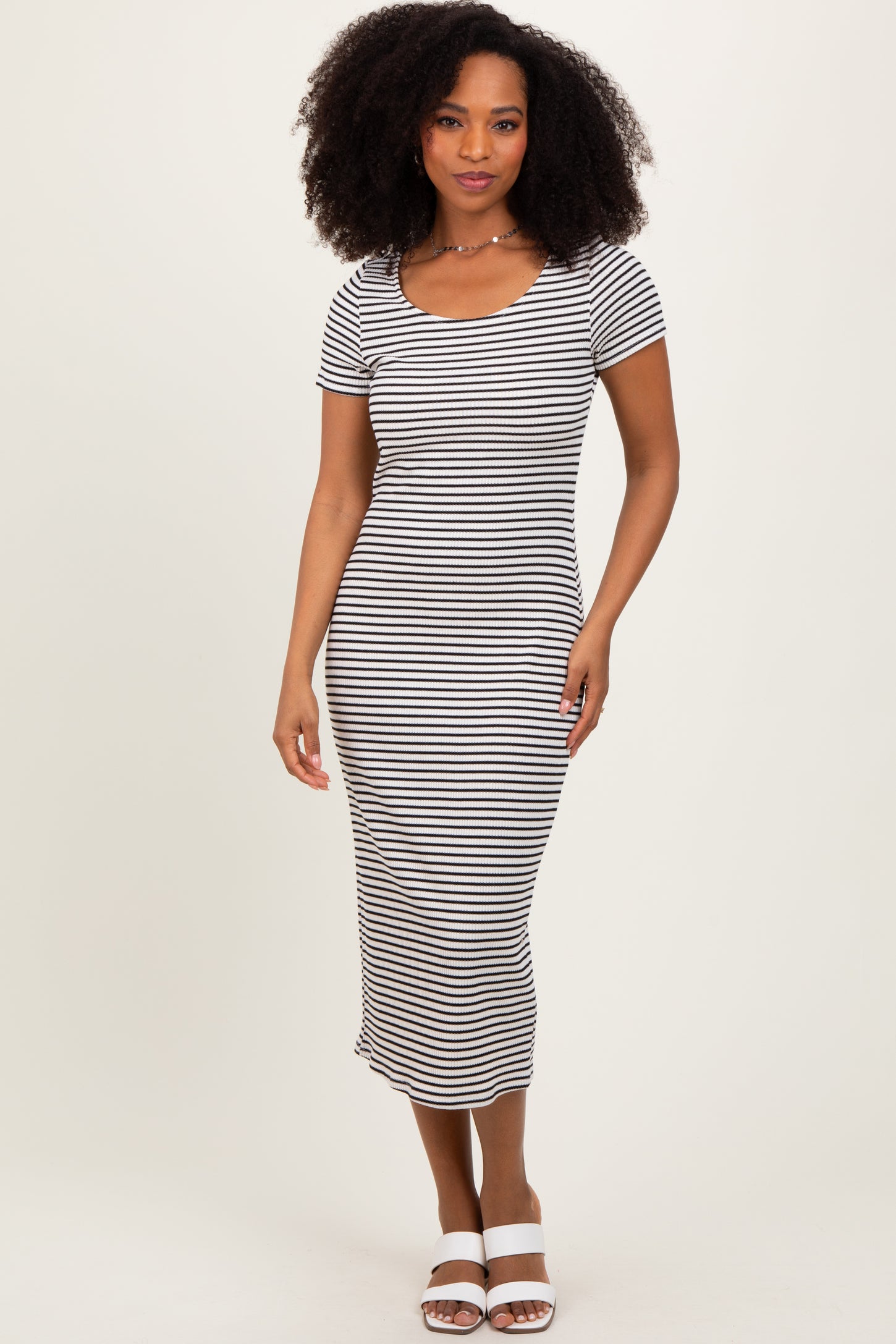 White Black Basic Stripe Rib Short Sleeve Dress PinkBlush White Black Basic Stripe Rib Short Sleeve Dress PinkBlush