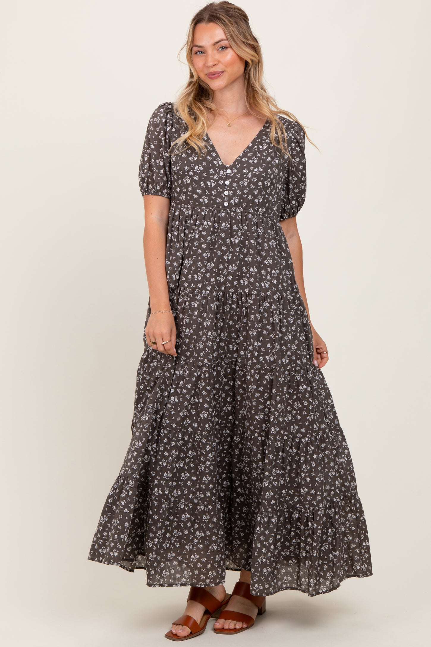 Grey Tiered Floral Maxi Dress