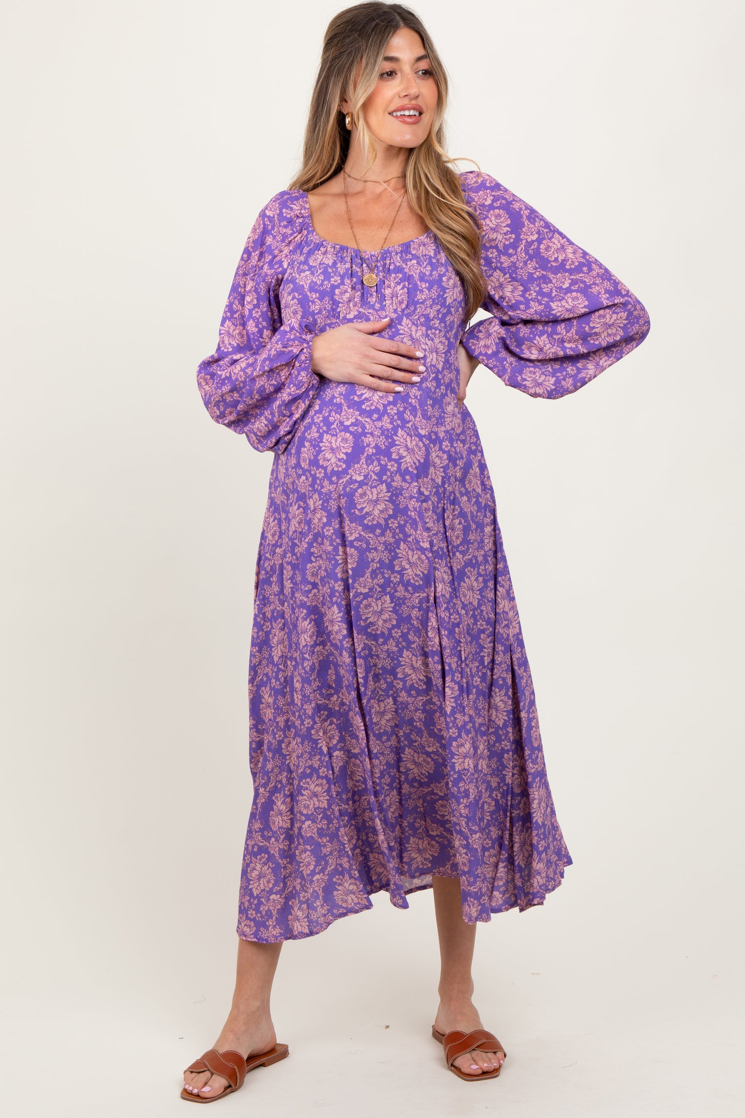 Purple Floral Long Sleeve Maternity Dress