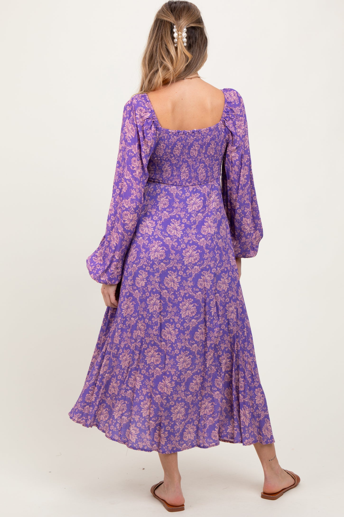purple long sleeve maternity dress Purple Gathered Waist Long Sleeve Maternity Dress