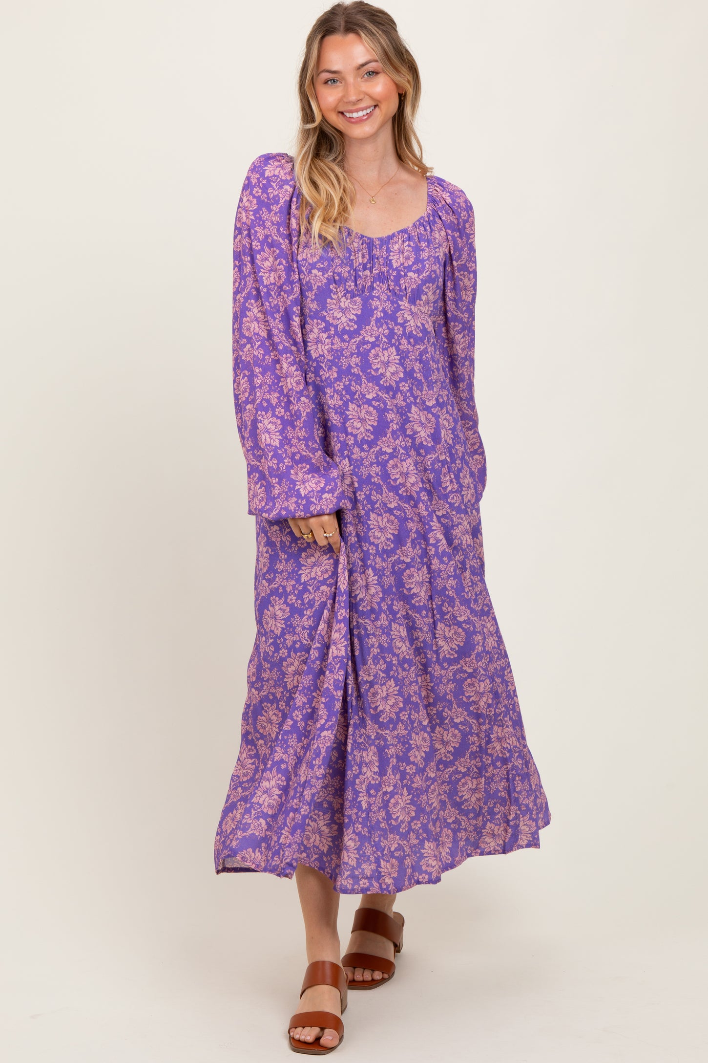 Purple Floral Long Sleeve Maternity Dress