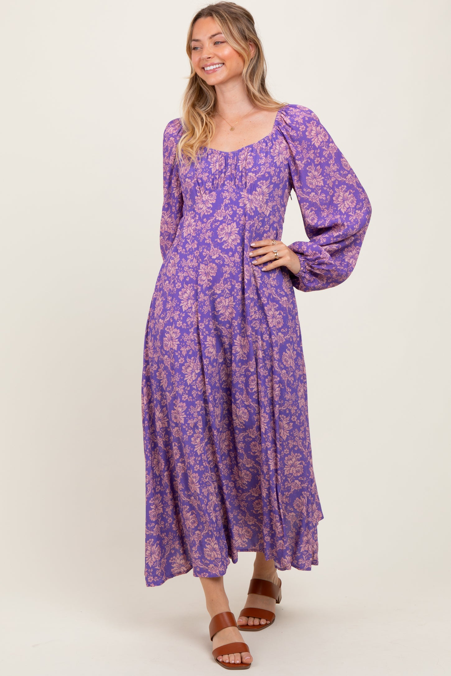 Purple Floral Long Sleeve Dress