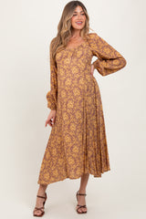 Camel Floral Long Sleeve Maternity Dress
