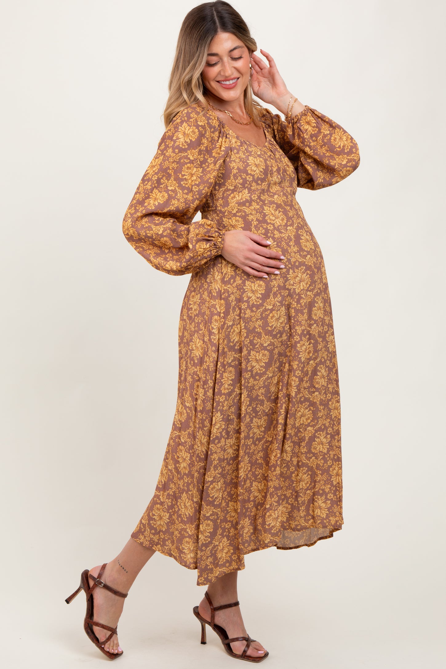 Camel Floral Long Sleeve Maternity Dress