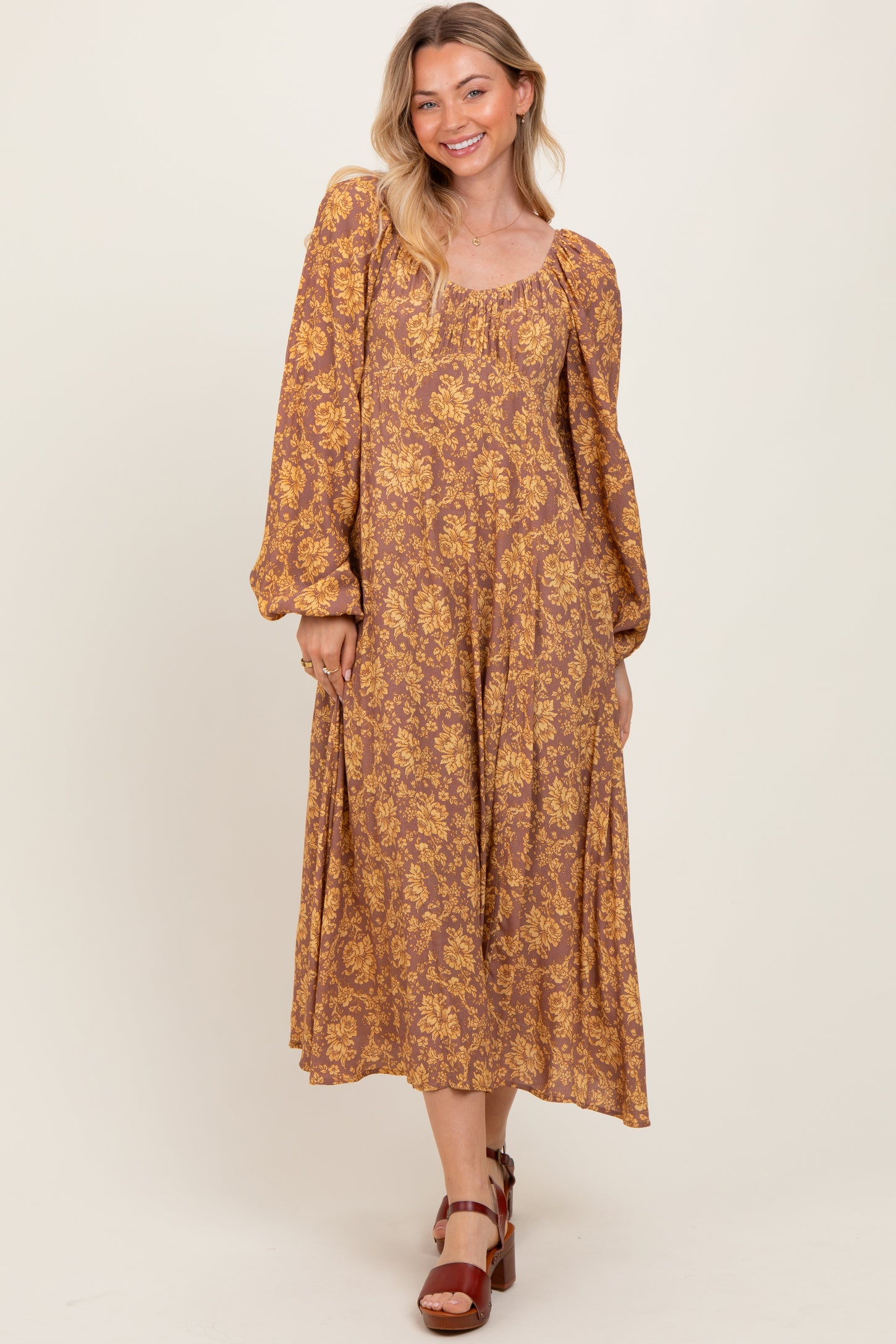 Camel Floral Long Sleeve Dress