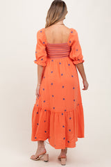Coral Gauze Smocked Embroidered Square Neck Maternity Midi Dress