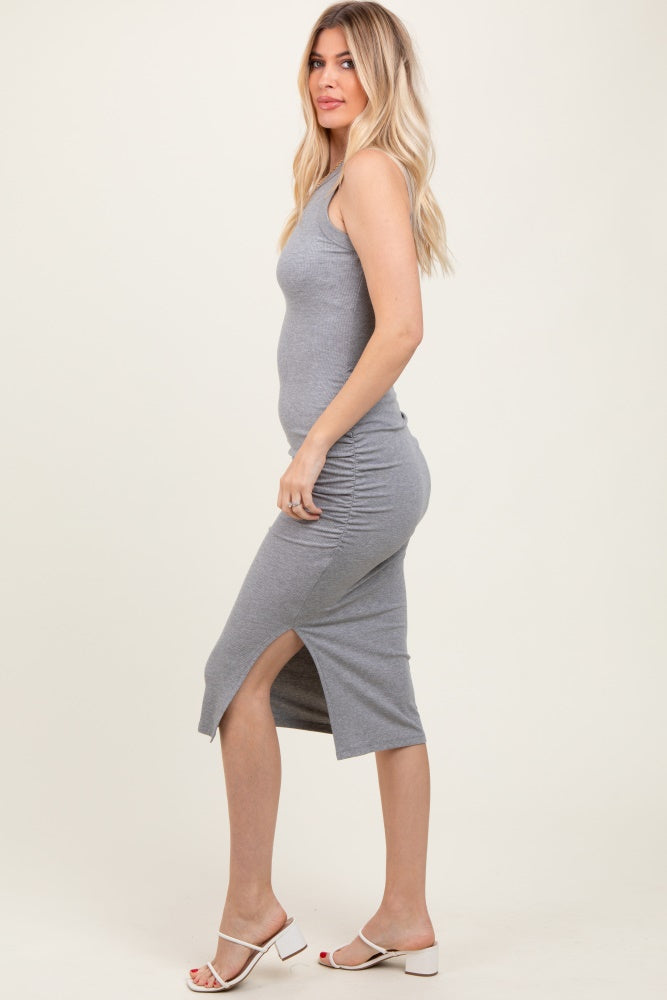 Heather Grey Ribbed Sleeveless Side Slit Midi Dress Heather Grey Ribbed Sleeveless Side Slit Midi Dress