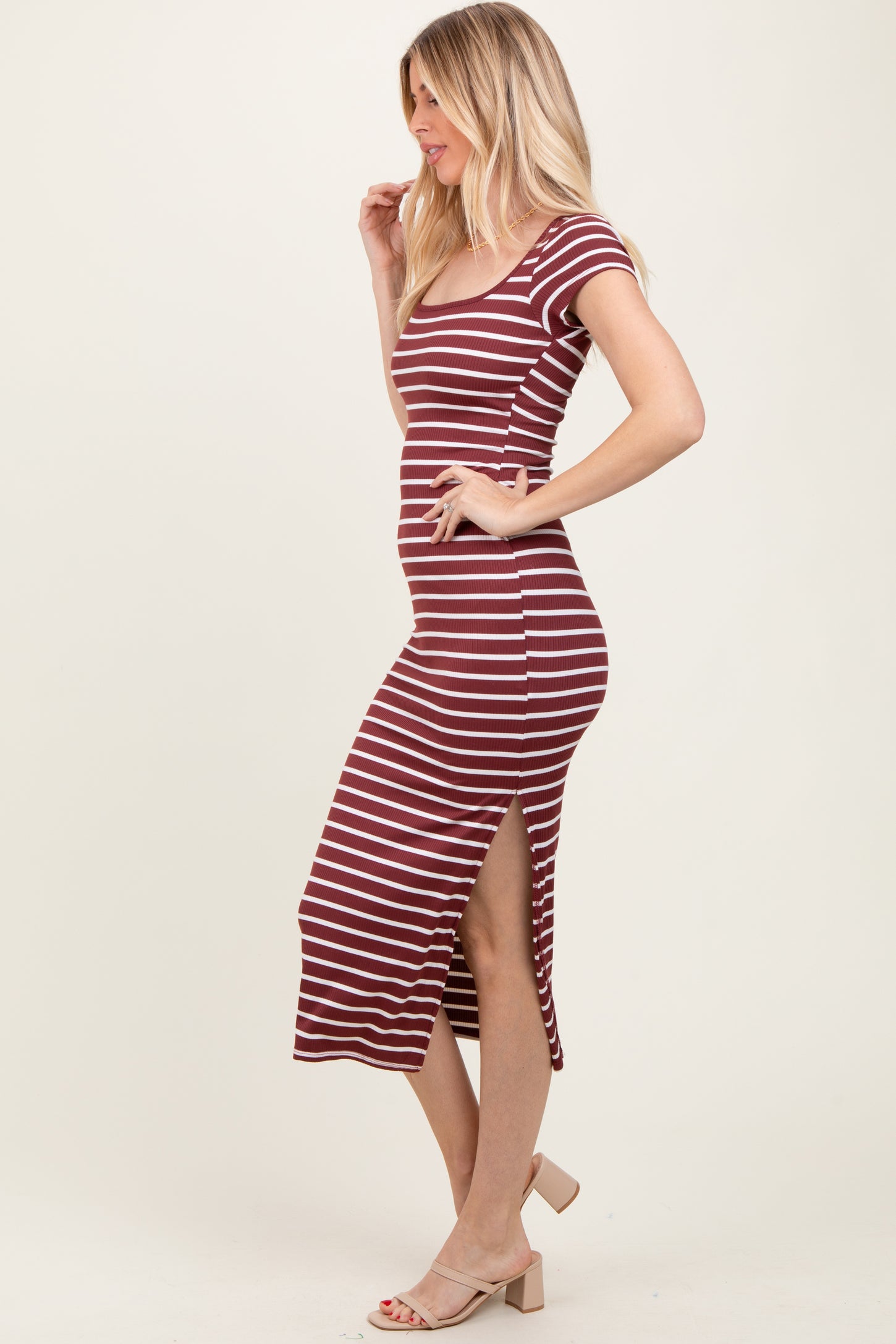 Burgundy Striped Short Sleeve Side Slit Maxi Dress PinkBlush Burgundy Striped Short Sleeve Side Slit Maxi Dress PinkBlush