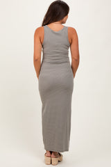 Olive Striped Button Front Sleeveless Maternity Maxi Dress