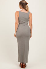 Olive Striped Button Front Sleeveless Maxi Dress