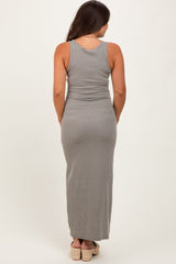 Olive Striped Button Front Sleeveless Maternity Maxi Dress