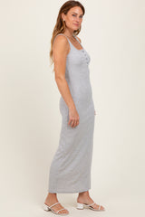 Heather Grey Striped Button Front Sleeveless Maxi Dress