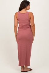 Burgundy Striped Button Front Sleeveless Maternity Maxi Dress