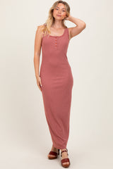 Burgundy Striped Button Front Sleeveless Maxi Dress