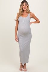 Ivory Striped Button Front Sleeveless Maternity Maxi Dress