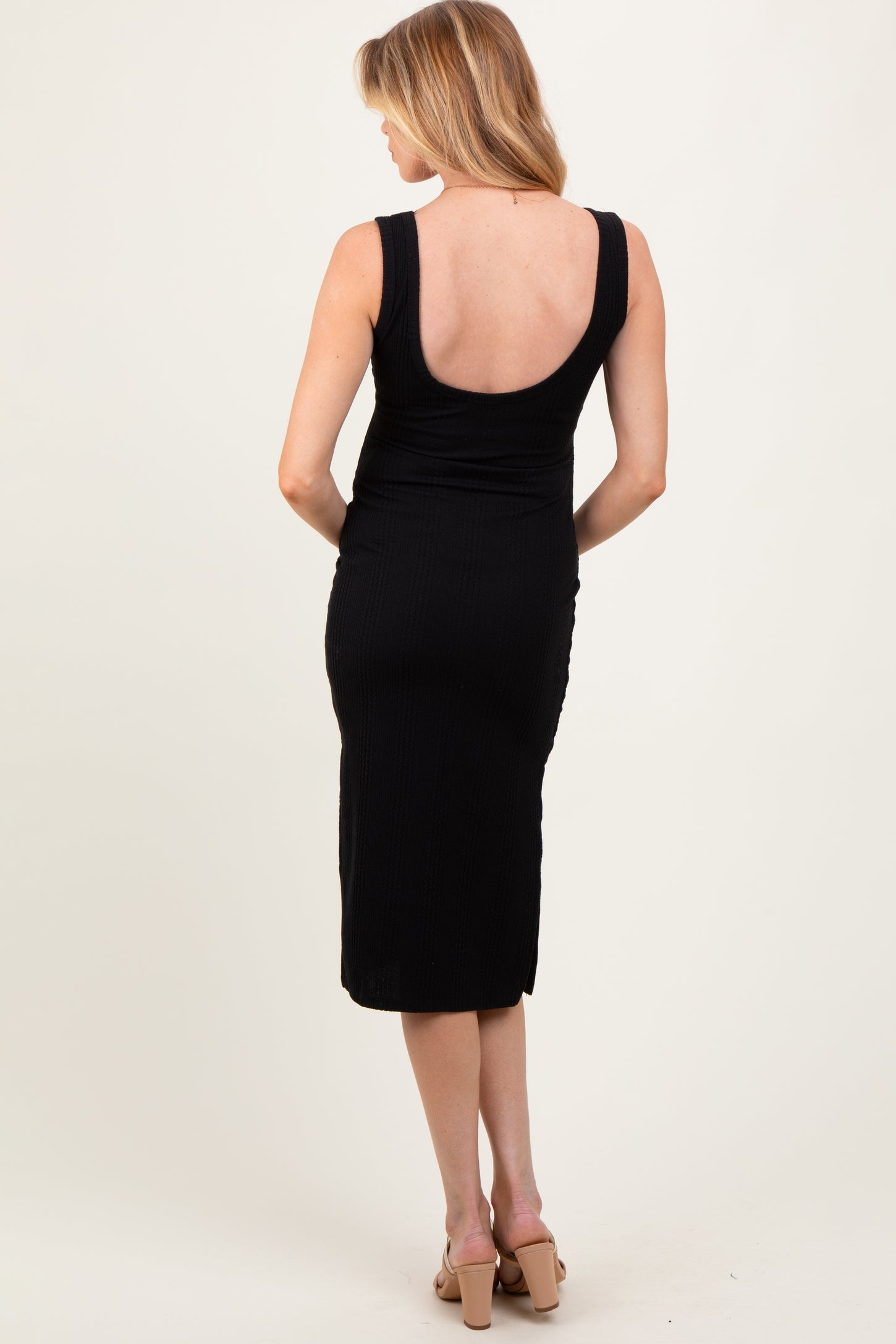 Black Ribbed Knit Low Back Maternity Midi Dress