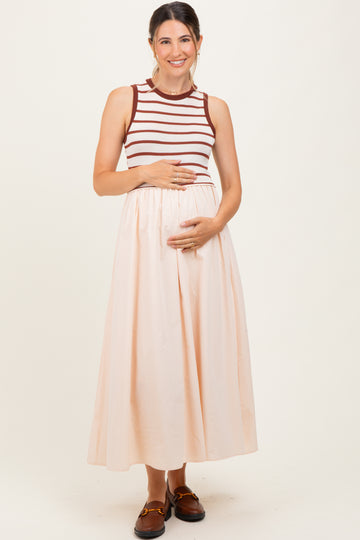 Cream Contrast Striped Bodice Sleeveless Maternity Maxi Dress